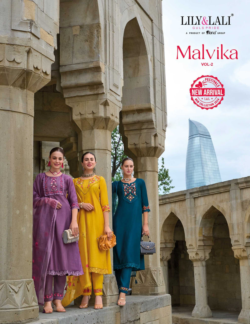 Lily And Lali Malvika Vol 2 Viscose Hand Work And Embroidery Kurti With Bottom And Organza Print Dupatta
