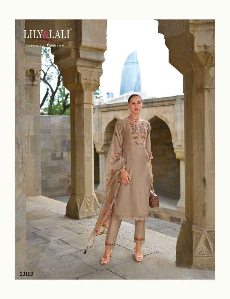 Lily And Lali Malvika Vol 2 Viscose Hand Work And Embroidery Kurti With Bottom And Organza Print Dupatta