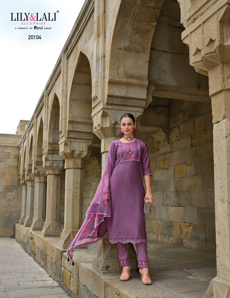Lily And Lali Malvika Vol 2 Viscose Hand Work And Embroidery Kurti With Bottom And Organza Print Dupatta