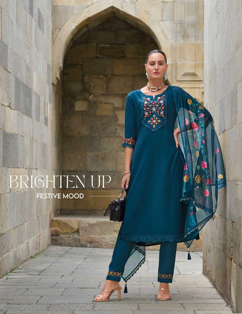 Lily And Lali Malvika Vol 2 Viscose Hand Work And Embroidery Kurti With Bottom And Organza Print Dupatta