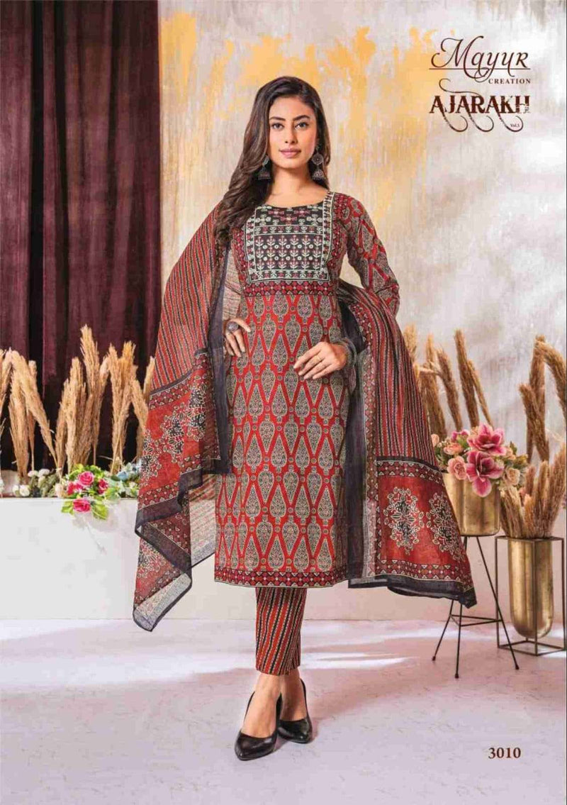 Mayur Creation Ajarakh Vol 3 Cotton Beautiful Neck Thread Work Stylish Kurti Combo Set