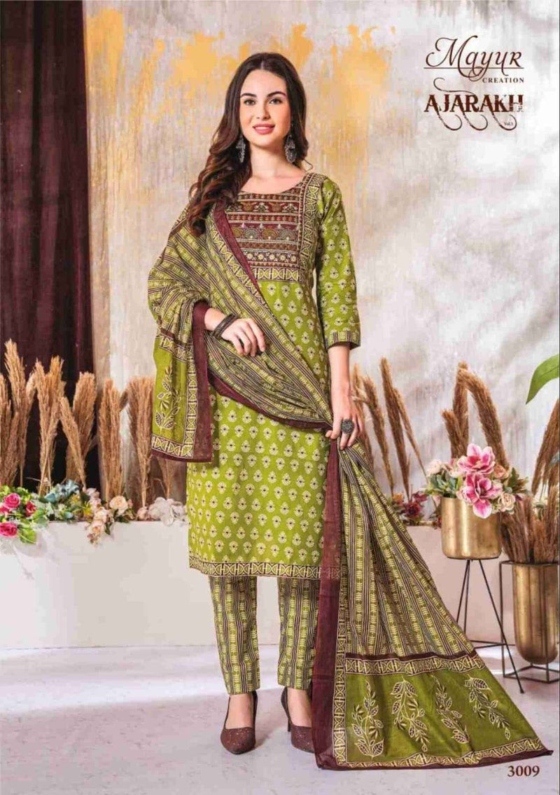 Mayur Creation Ajarakh Vol 3 Cotton Beautiful Neck Thread Work Stylish Kurti Combo Set