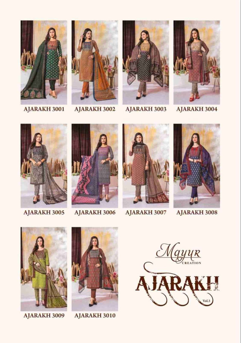 Mayur Creation Ajarakh Vol 3 Cotton Beautiful Neck Thread Work Stylish Kurti Combo Set