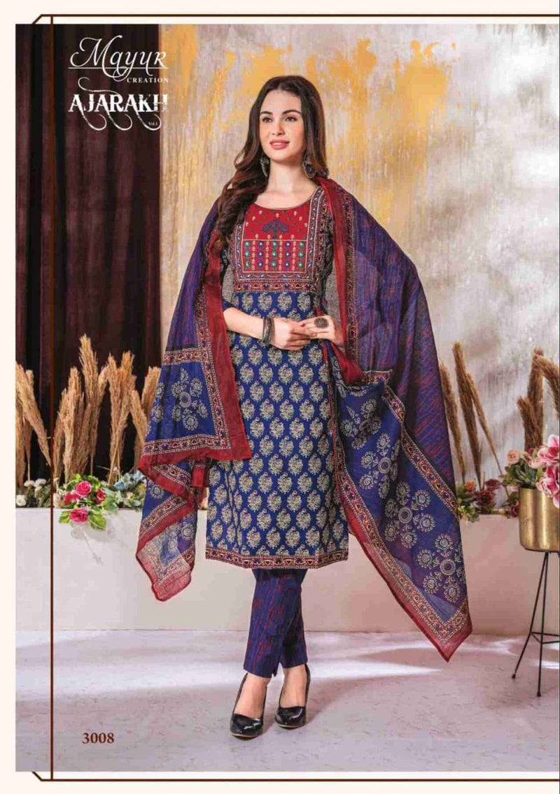 Mayur Creation Ajarakh Vol 3 Cotton Beautiful Neck Thread Work Stylish Kurti Combo Set