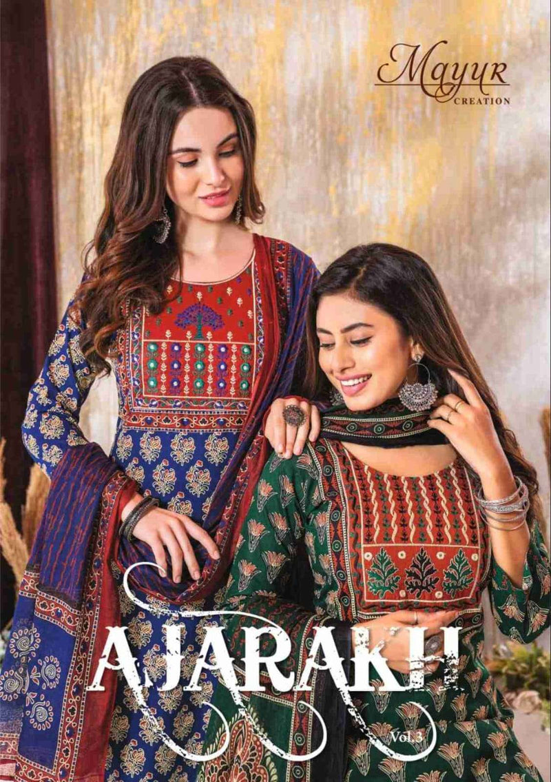 Mayur Creation Ajarakh Vol 3 Cotton Beautiful Neck Thread Work Stylish Kurti Combo Set