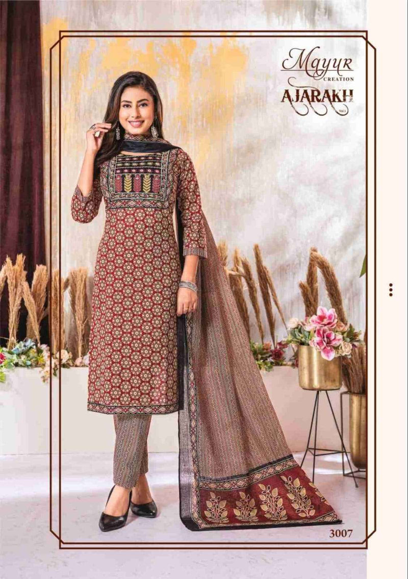 Mayur Creation Ajarakh Vol 3 Cotton Beautiful Neck Thread Work Stylish Kurti Combo Set