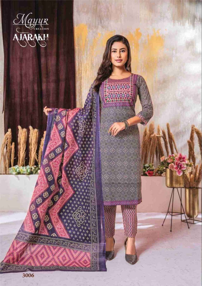 Mayur Creation Ajarakh Vol 3 Cotton Beautiful Neck Thread Work Stylish Kurti Combo Set