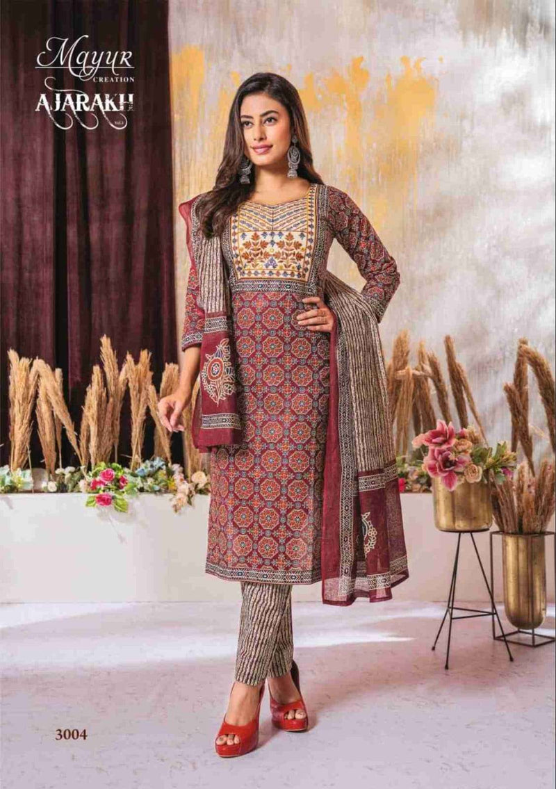Mayur Creation Ajarakh Vol 3 Cotton Beautiful Neck Thread Work Stylish Kurti Combo Set