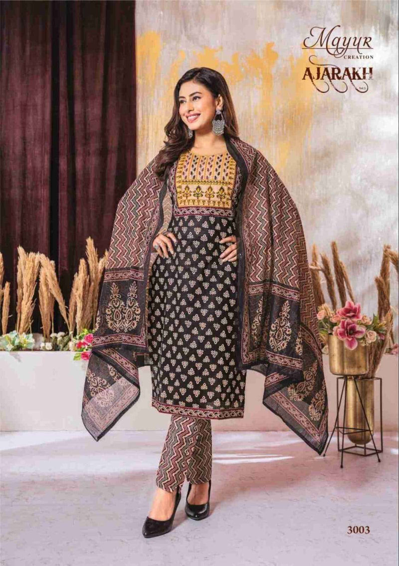 Mayur Creation Ajarakh Vol 3 Cotton Beautiful Neck Thread Work Stylish Kurti Combo Set