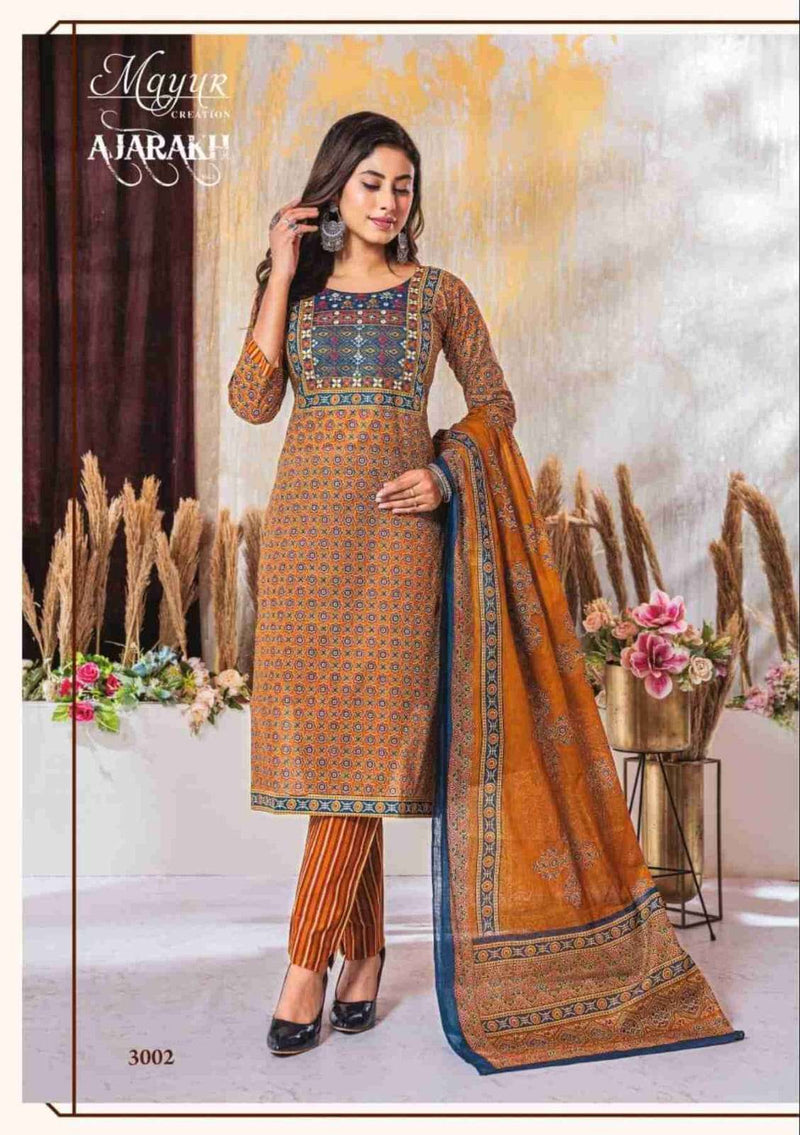 Mayur Creation Ajarakh Vol 3 Cotton Beautiful Neck Thread Work Stylish Kurti Combo Set
