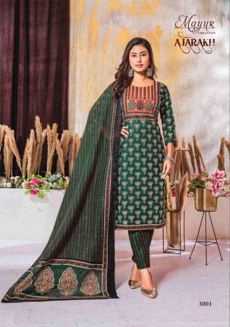Mayur Creation Ajarakh Vol 3 Cotton Beautiful Neck Thread Work Stylish Kurti Combo Set