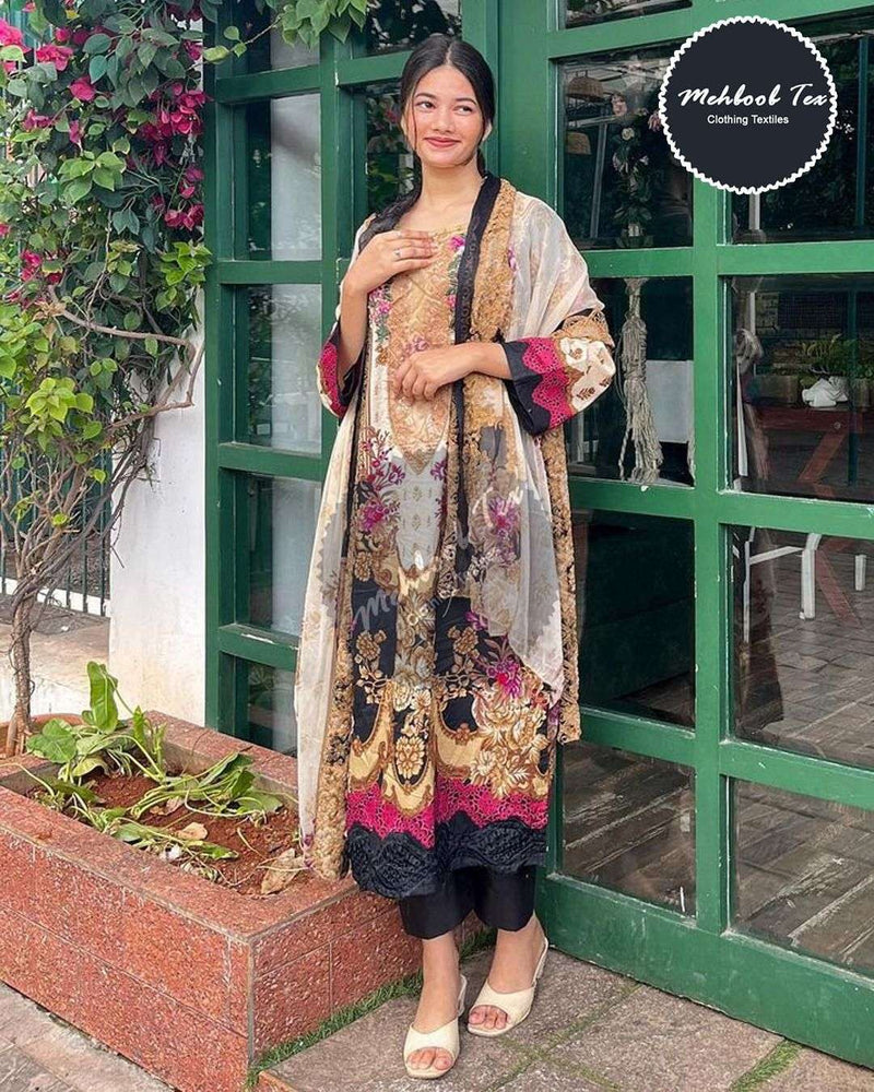 Mehboob Tex Sana Safinz Neddel Design No 1091 Lawn Cotton Heavy Embroidery Suit