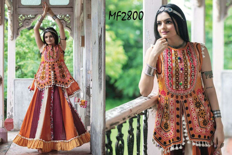 Mesmora Atrangi Cotton Heavily Embroidered Handmade Latkans Kurti Paired Flairy Skirt Navratri Collection