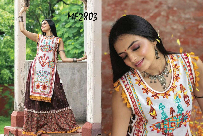 Mesmora Atrangi Cotton Heavily Embroidered Handmade Latkans Kurti Paired Flairy Skirt Navratri Collection