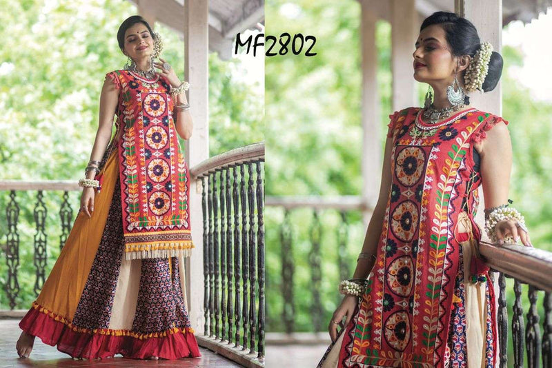 Mesmora Atrangi Cotton Heavily Embroidered Handmade Latkans Kurti Paired Flairy Skirt Navratri Collection
