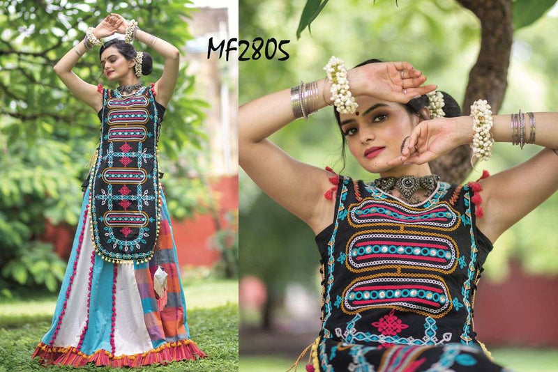 Mesmora Atrangi Cotton Heavily Embroidered Handmade Latkans Kurti Paired Flairy Skirt Navratri Collection