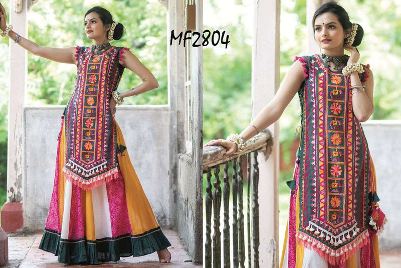 Mesmora Atrangi Cotton Heavily Embroidered Handmade Latkans Kurti Paired Flairy Skirt Navratri Collection