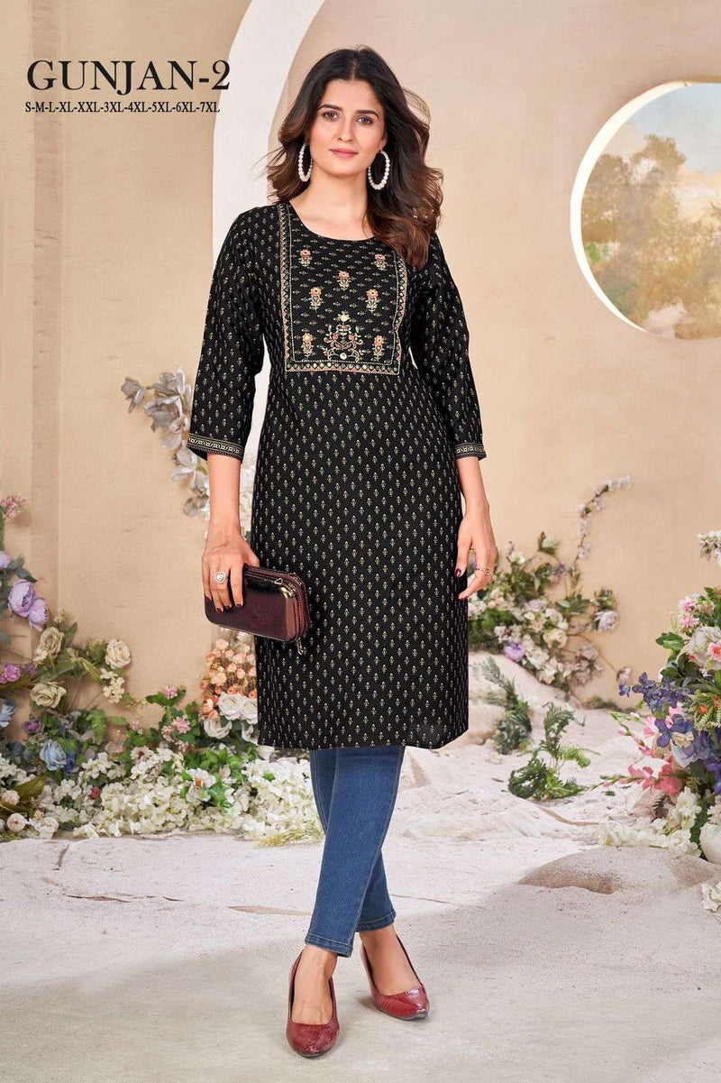 Mf Gunjan Vol 2 Rayon Fabric Gold Khadi Print Embroidery Work Daily Wear Kurti