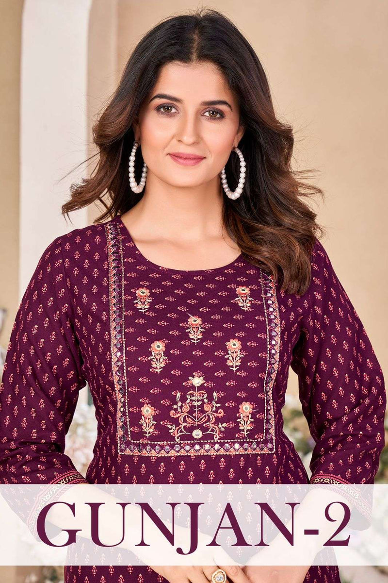 Mf Gunjan Vol 2 Rayon Fabric Gold Khadi Print Embroidery Work Daily Wear Kurti