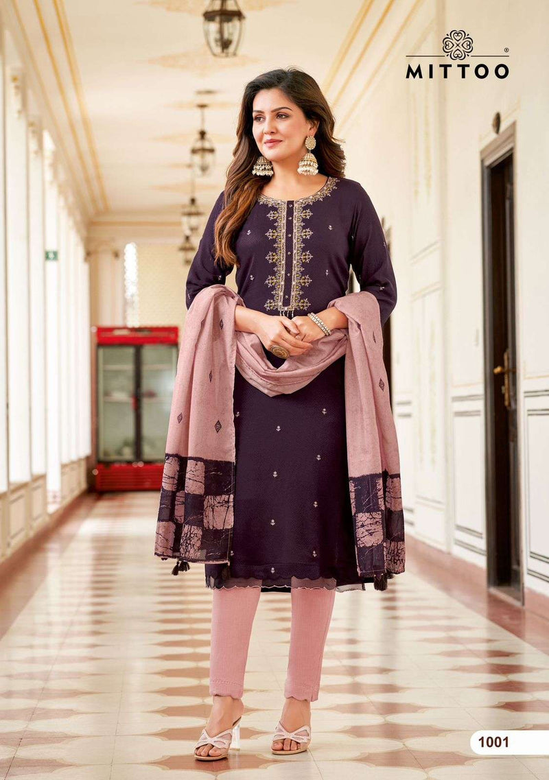 Mittoo Apsara Viscose Weaving Thread Handwork Casual Wear Kurti Pant Dupatta Set