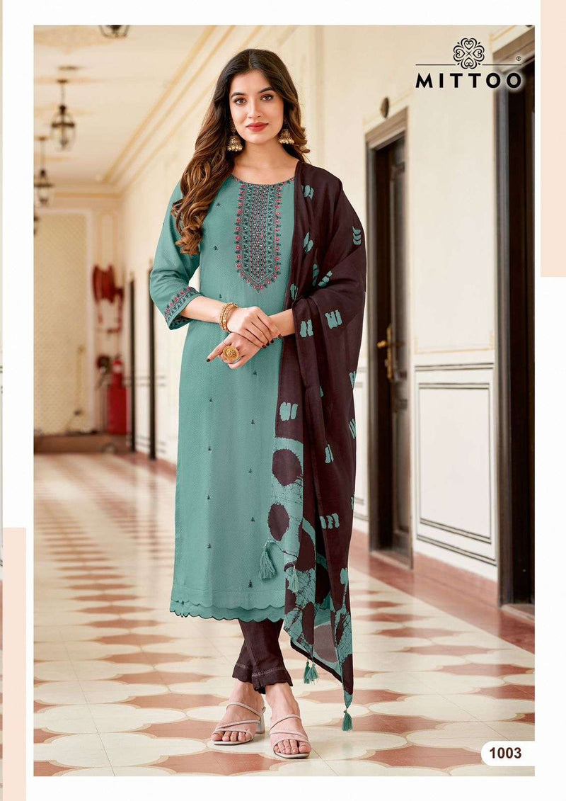 Mittoo Apsara Viscose Weaving Thread Handwork Casual Wear Kurti Pant Dupatta Set