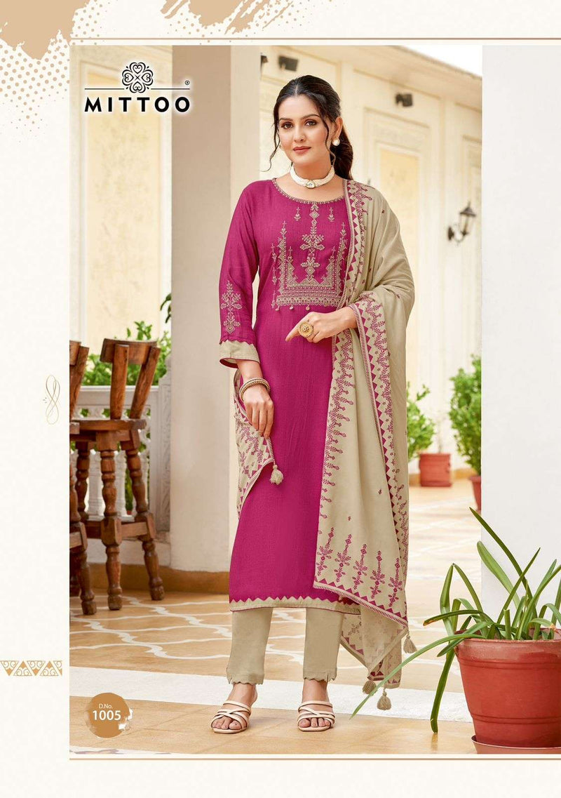 Mittoo Festiva Rayon Weaving Print Casual Fancy Wear Kurti Pant Dupatta Set