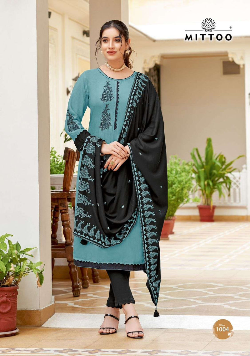 Mittoo Festiva Rayon Weaving Print Casual Fancy Wear Kurti Pant Dupatta Set
