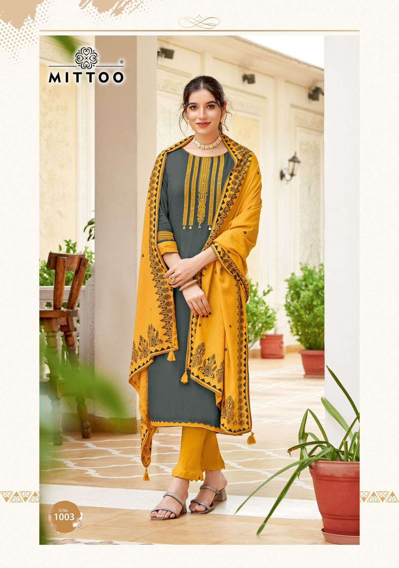 Mittoo Festiva Rayon Weaving Print Casual Fancy Wear Kurti Pant Dupatta Set