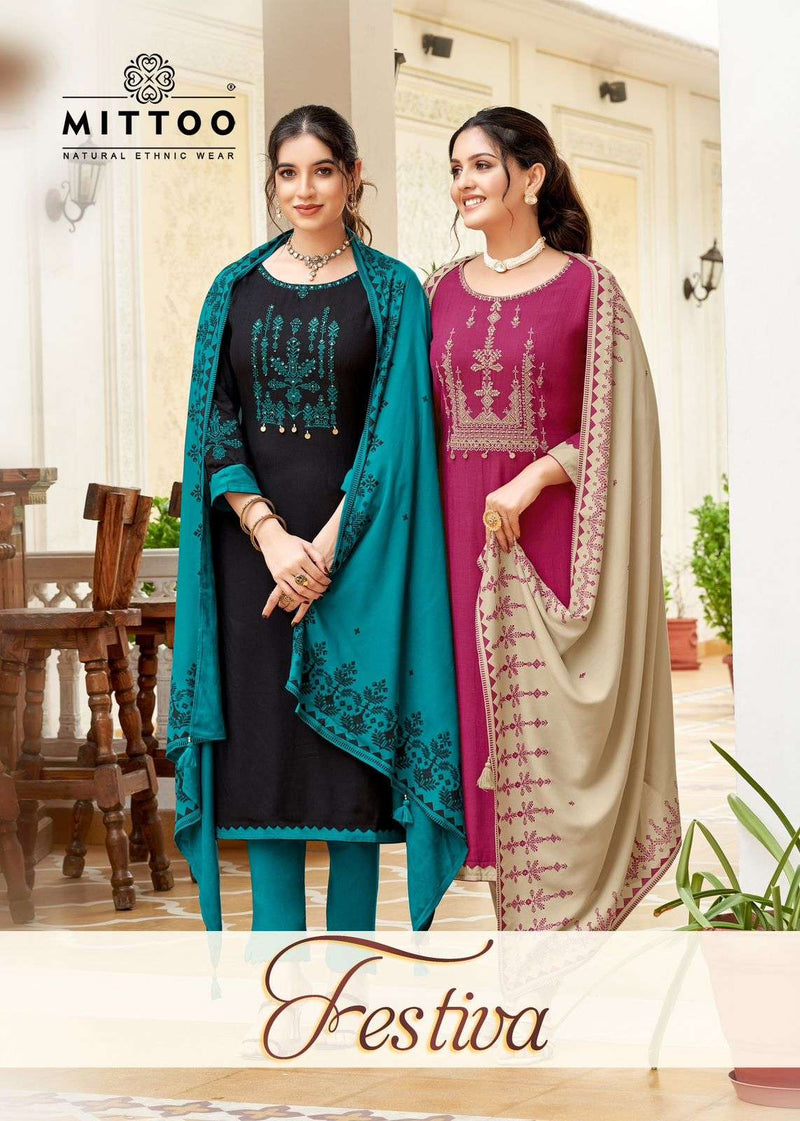 Mittoo Festiva Rayon Weaving Print Casual Fancy Wear Kurti Pant Dupatta Set