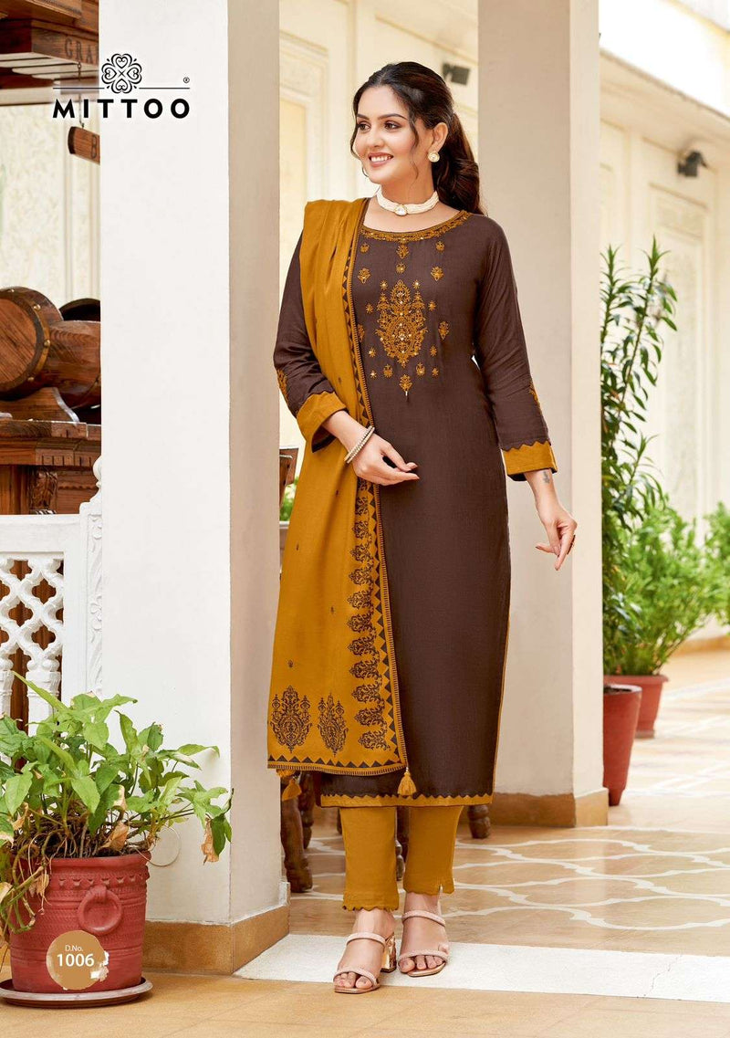 Mittoo Festiva Rayon Weaving Print Casual Fancy Wear Kurti Pant Dupatta Set