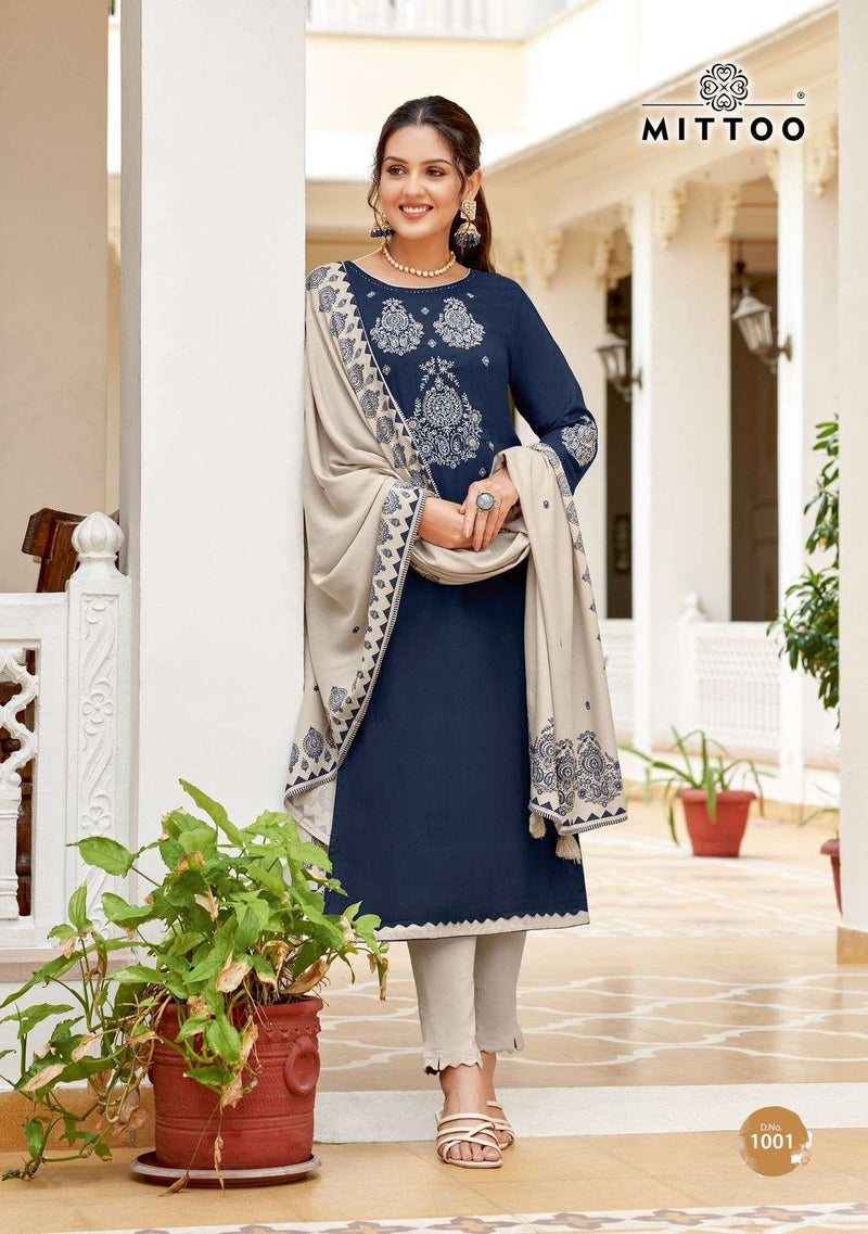 Mittoo Festiva Rayon Weaving Print Casual Fancy Wear Kurti Pant Dupatta Set