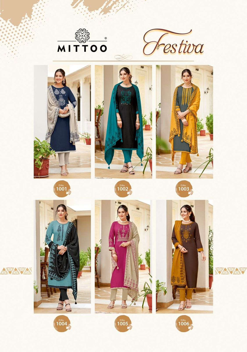 Mittoo Festiva Rayon Weaving Print Casual Fancy Wear Kurti Pant Dupatta Set