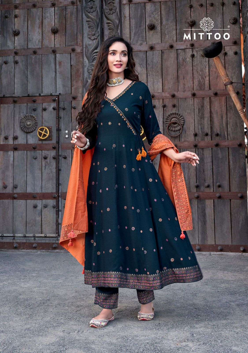 Mittoo Nafiza Rayon Slub Casual Wear Kurti Pant With Chanderi Viscose Dupatta Set