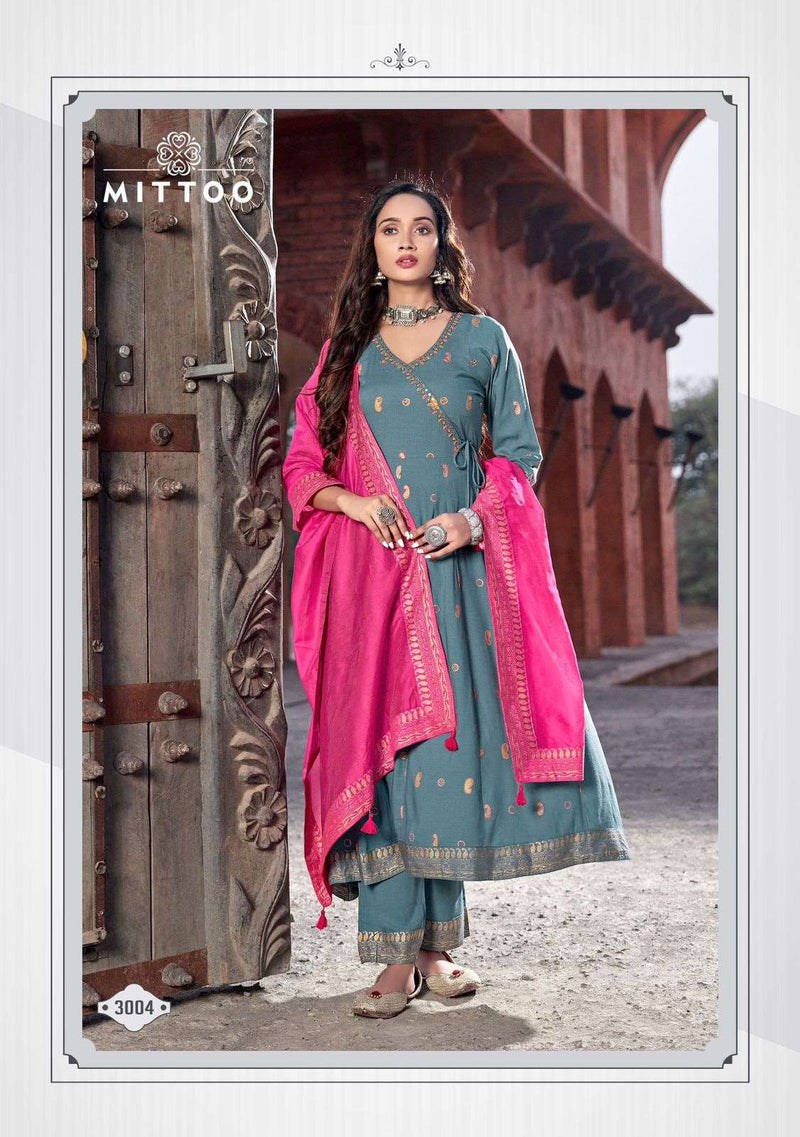 Mittoo Nafiza Rayon Slub Casual Wear Kurti Pant With Chanderi Viscose Dupatta Set