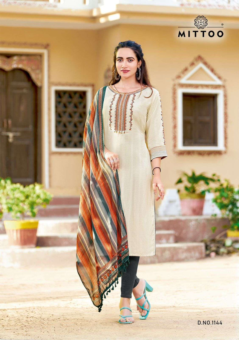 Mittoo Present Khwaish Fancy Neck Work Kurti With Pant And Digital Dupatta Catalog