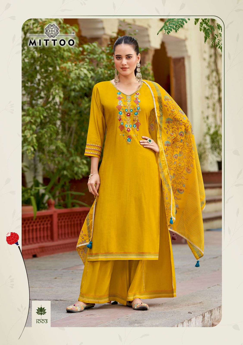 Mittoo Vaidehi Rayon Weaving Designer Kurti Plazo Dupatta Set
