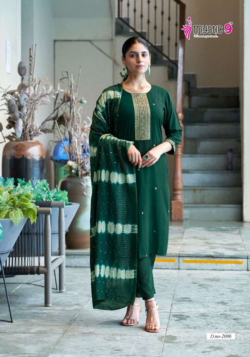 Mystic 9 Dolly Vol 2 Rayon Embroidery Casual Wear Kurti Pant Dupatta Set