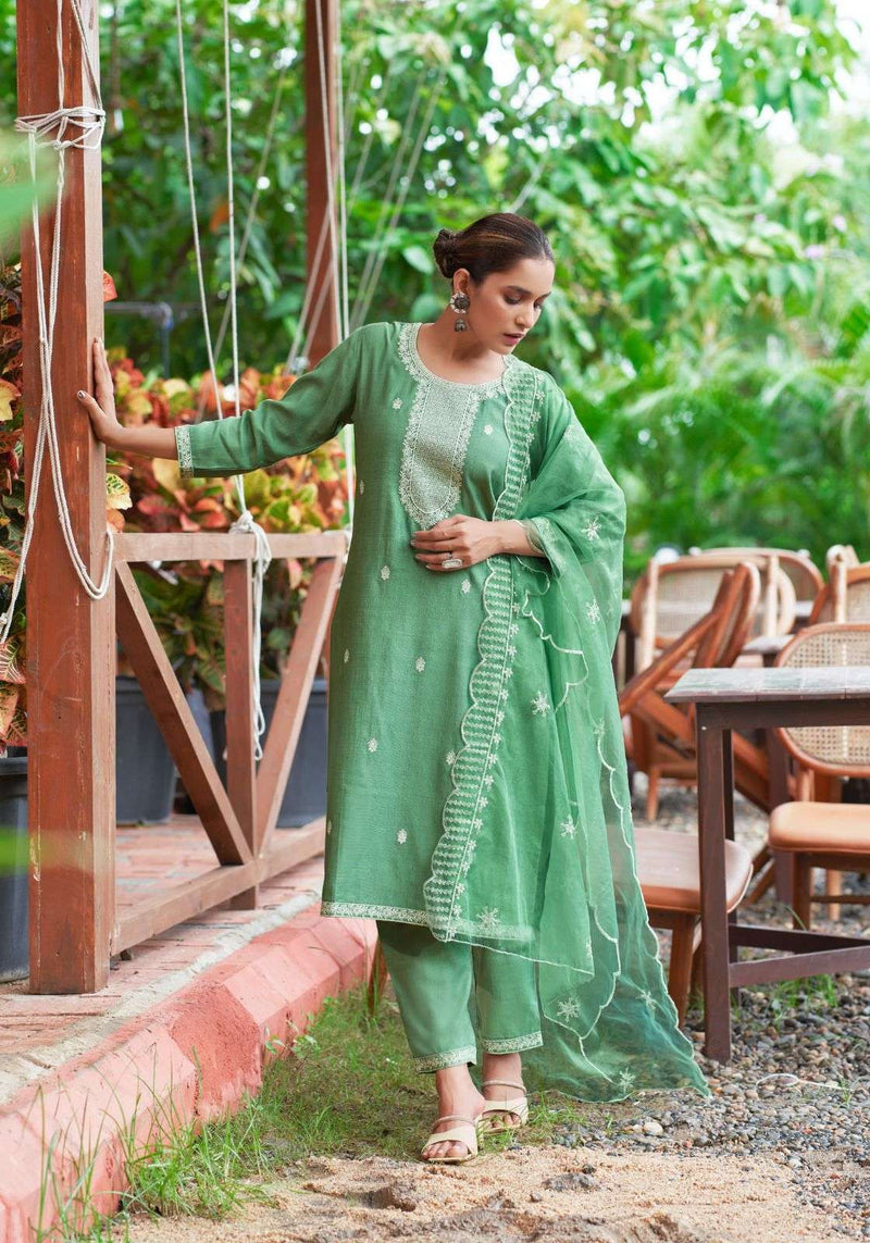 Mystic 9 Flora Vol 1 Viscose Embroidery Festival Wear Kurti Pant Dupatta Set