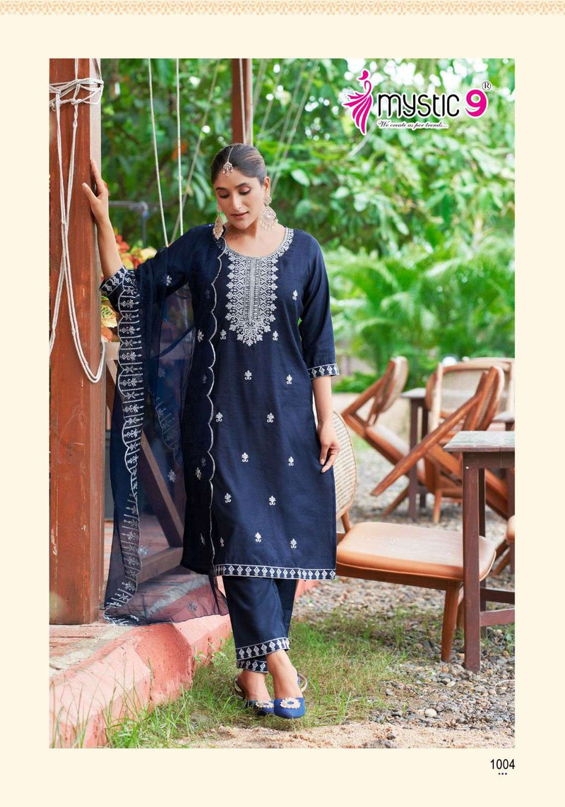Mystic 9 Flora Vol 1 Viscose Embroidery Festival Wear Kurti Pant Dupatta Set