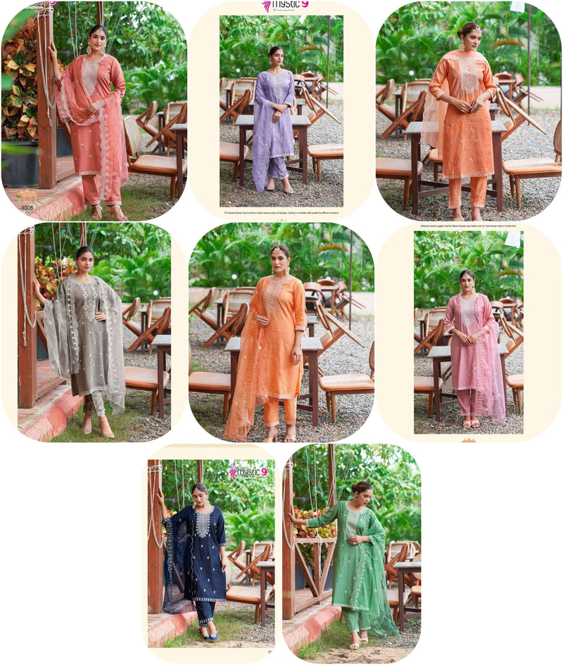 Mystic 9 Flora Vol 1 Viscose Embroidery Festival Wear Kurti Pant Dupatta Set