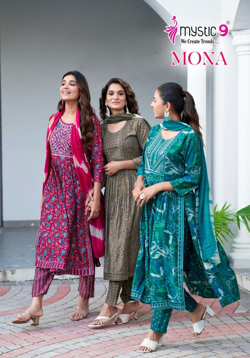 Mystic 9 Mona Vol 1 Modal Silk Nyra Cut Style Kurti Pant Dupatta Set