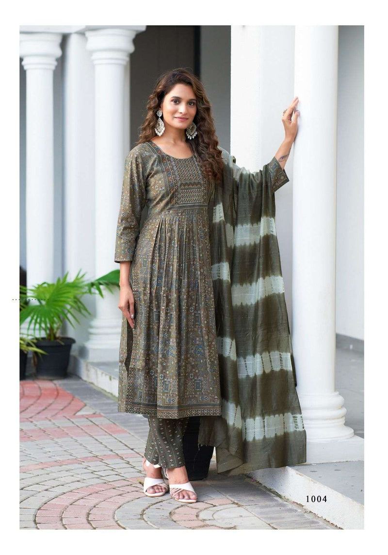 Mystic 9 Mona Vol 1 Modal Silk Nyra Cut Style Kurti Pant Dupatta Set