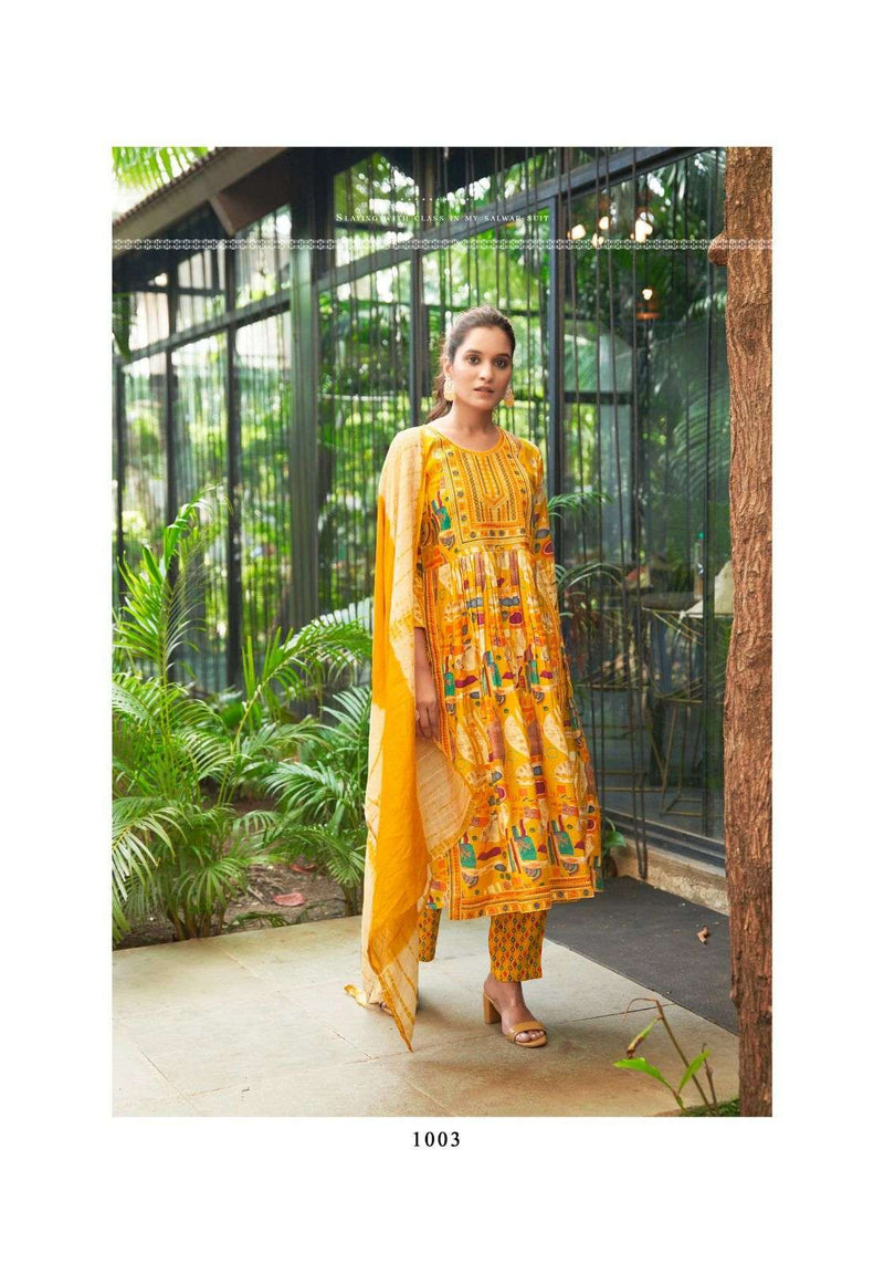 Mystic 9 Mona Vol 1 Modal Silk Nyra Cut Style Kurti Pant Dupatta Set