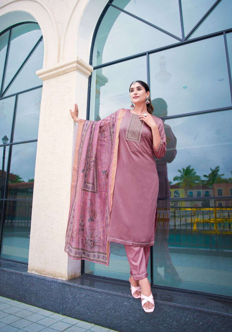 Mystic 9 Rich Gold Vol 2 Jam Satin Swarovski Embroidery Work Casual Wear Kurti Pant Dupatta Set