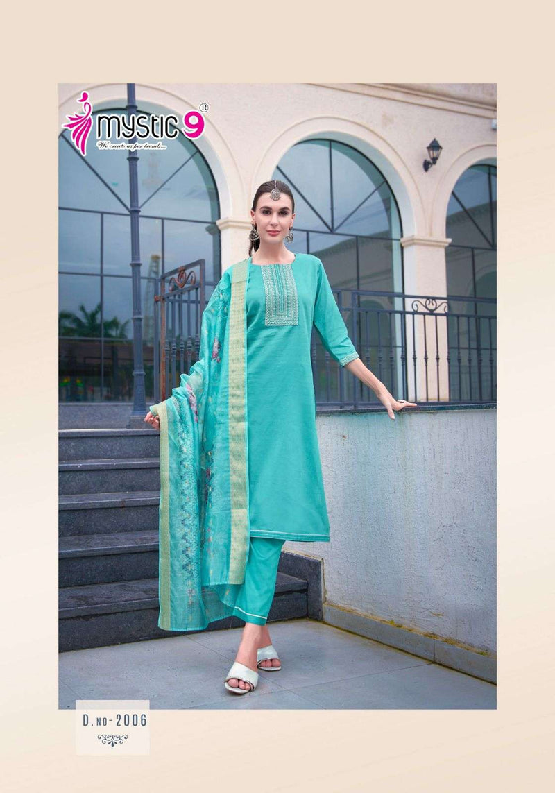 Mystic 9 Rich Gold Vol 2 Jam Satin Swarovski Embroidery Work Casual Wear Kurti Pant Dupatta Set