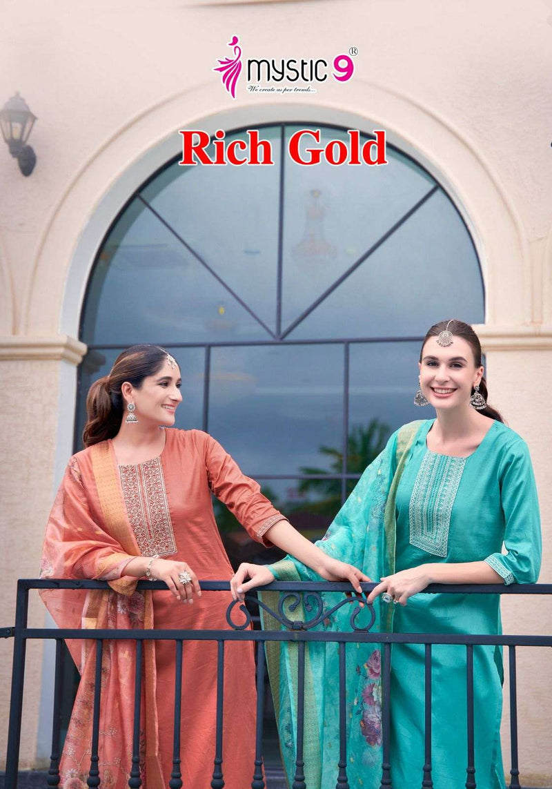Mystic 9 Rich Gold Vol 2 Jam Satin Swarovski Embroidery Work Casual Wear Kurti Pant Dupatta Set