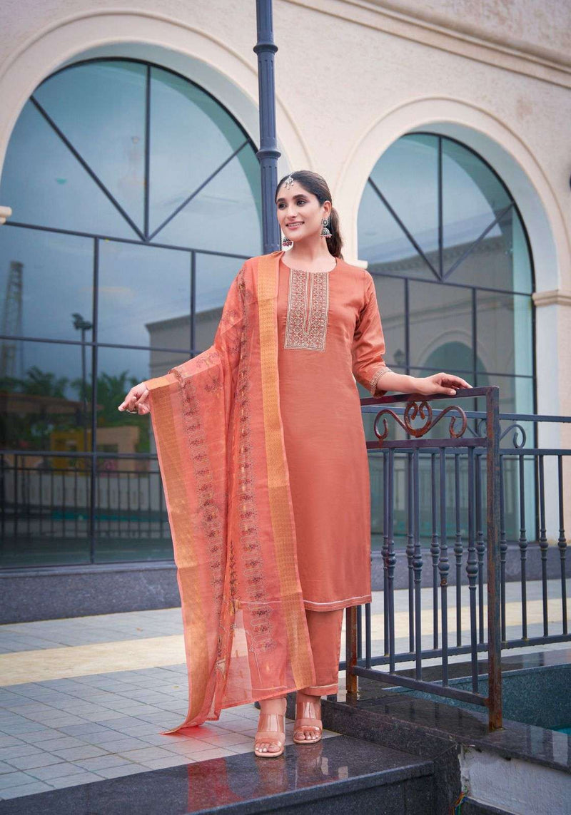 Mystic 9 Rich Gold Vol 2 Jam Satin Swarovski Embroidery Work Casual Wear Kurti Pant Dupatta Set