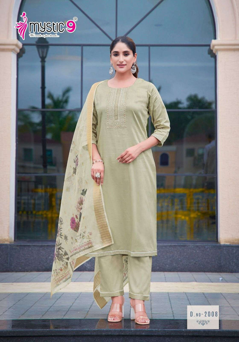 Mystic 9 Rich Gold Vol 2 Jam Satin Swarovski Embroidery Work Casual Wear Kurti Pant Dupatta Set