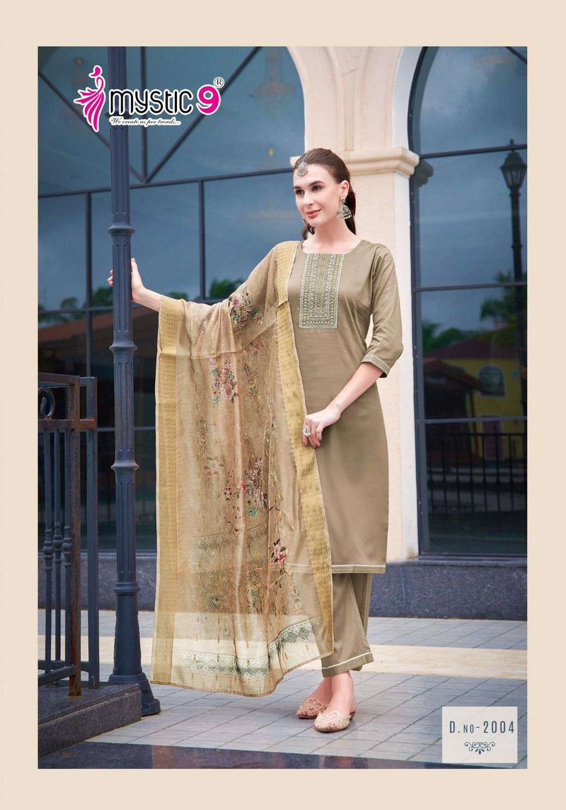 Mystic 9 Rich Gold Vol 2 Jam Satin Swarovski Embroidery Work Casual Wear Kurti Pant Dupatta Set