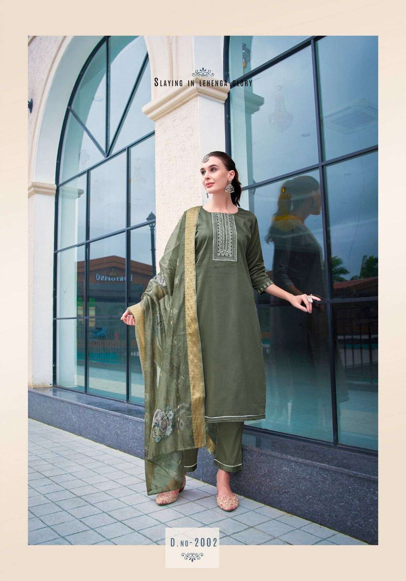 Mystic 9 Rich Gold Vol 2 Jam Satin Swarovski Embroidery Work Casual Wear Kurti Pant Dupatta Set